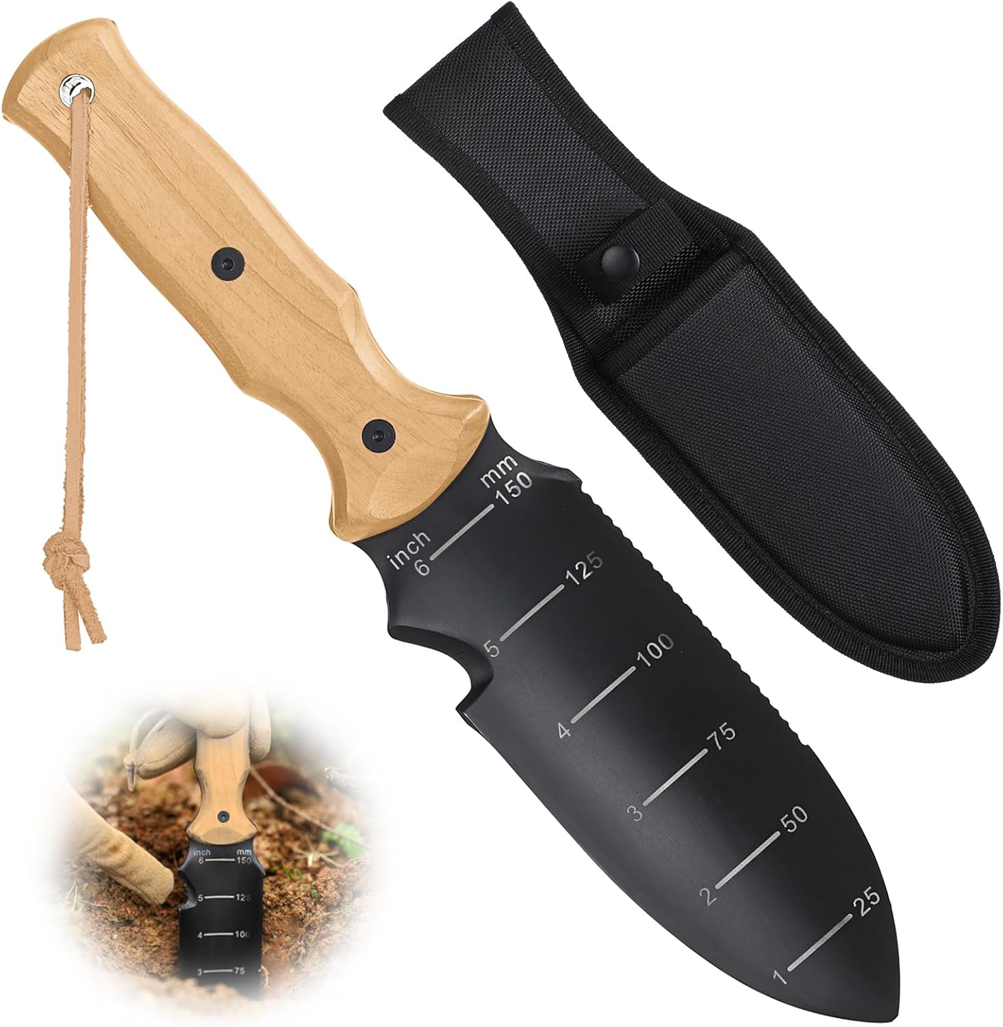 Garden Tools Trowel with EDC Sheath, Gifts for Men Women Mom Dad, Gardening Tools with 7" Stainless Steel Blade, Dual-Scale Measurement, Hanging Hole, Gardening Hand Tools for Weeding Digging Planting