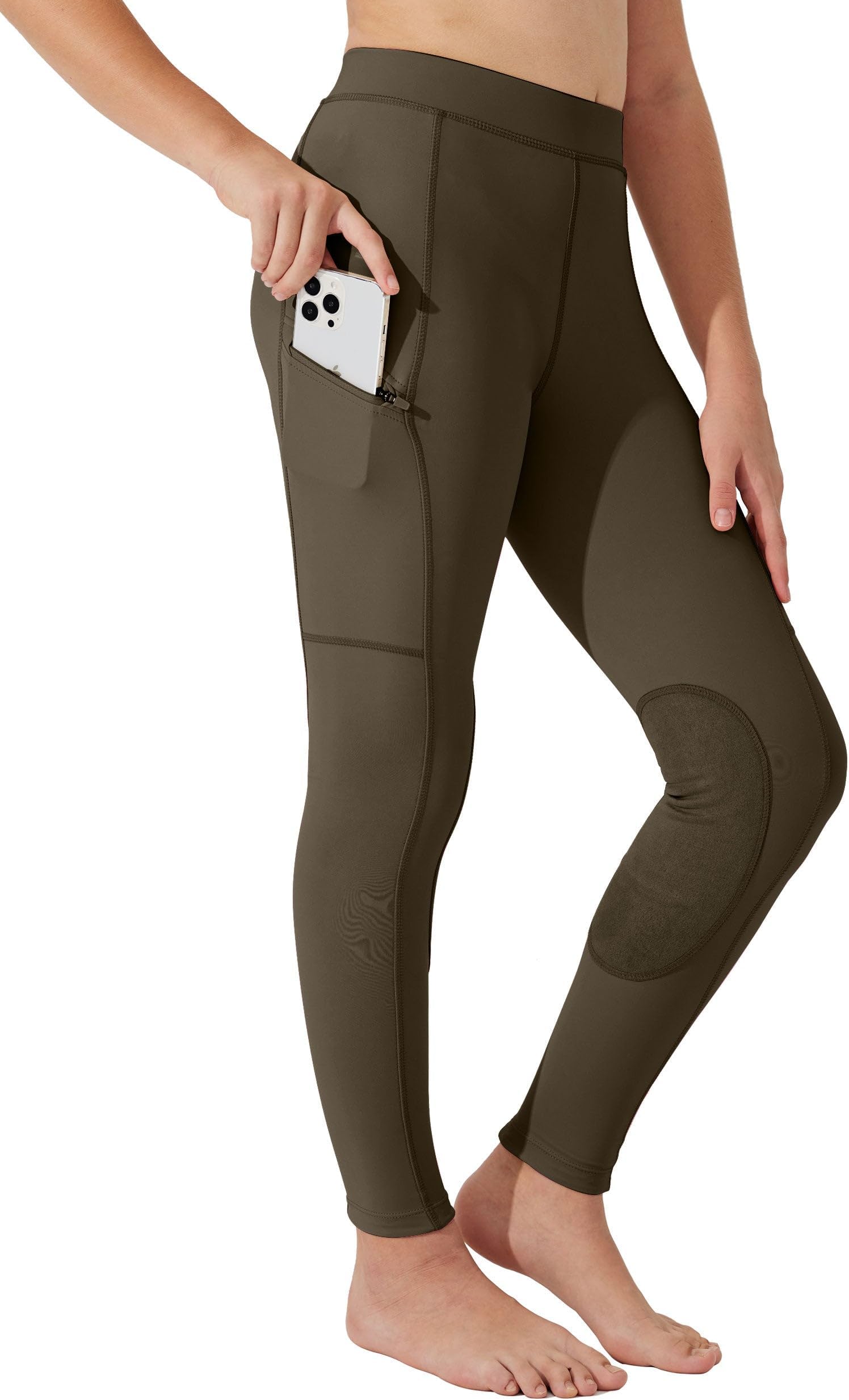 Girls Horse Riding Pants Tights Kids Equestrian Breeches Knee-Patch Youth Schooling Tights Zipper Pockets