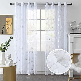 youleyar Silver Foil Print Voile Sheer Curtains, Leaves Grommet Top Wind...