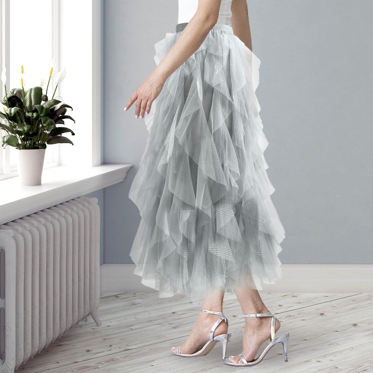 Women Tulle Skirts Layered Tutu Skirt Midi Length Elastic High Waist A Line Skirt - Image 3
