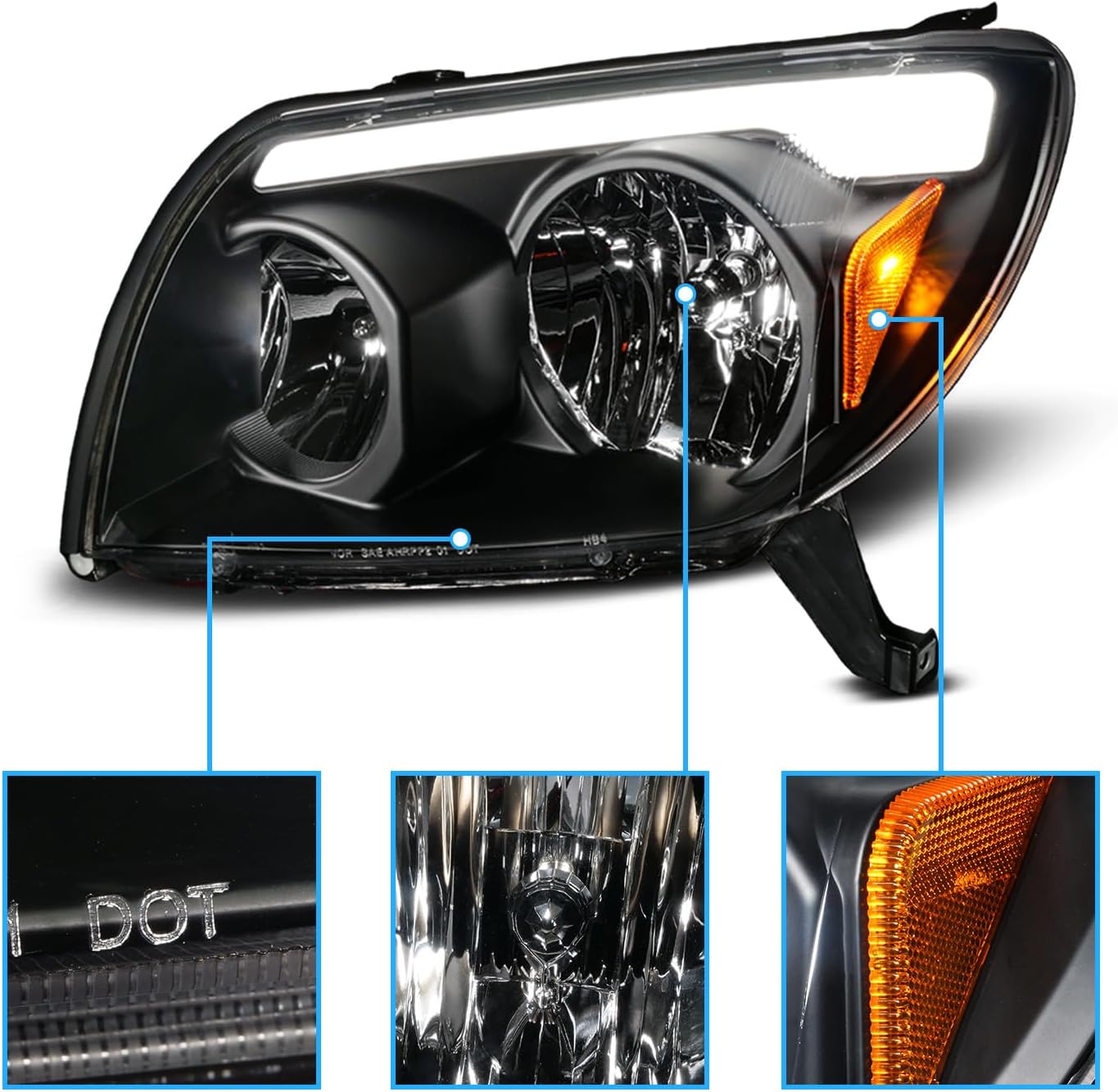 AmeriLite For 2003-2005 Toyota 4Runner Sport SUV LED Tube Bar Black Replacement Headlights Pair - Passenger and Driver Side