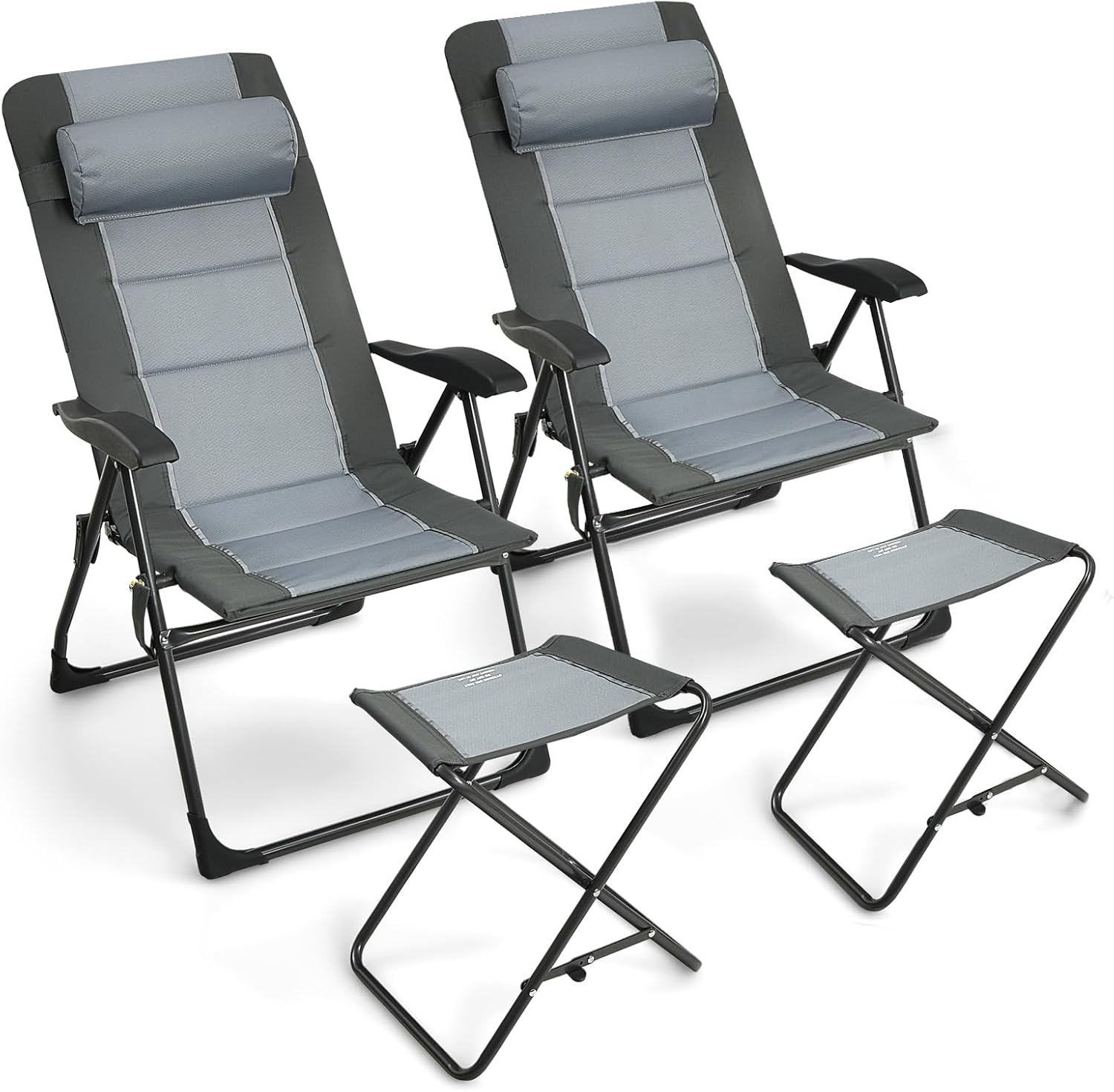 ORALNER Set of 2 Folding Recliner Chairs, Outdoor Patio Chairs with Footstool, 7-Position Adjustable Backrest, Headrest, Portable Lounger Lawn Chairs for Camping, Deck Poolside Backyard, Grey