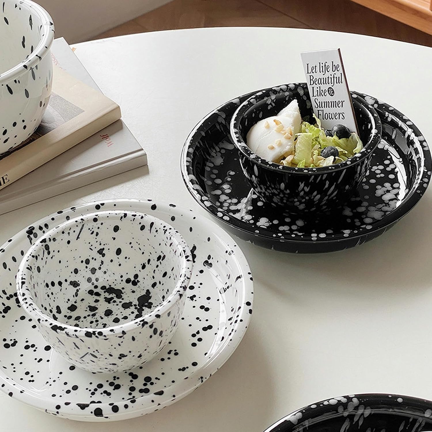 Vintage Rice Bowls ，Ceramic Tableware Rice BowlBlack and white ink-splashing ceramic one-person meal, household yogurt oatmeal bowl(Black 4.5 inch rice bowl)