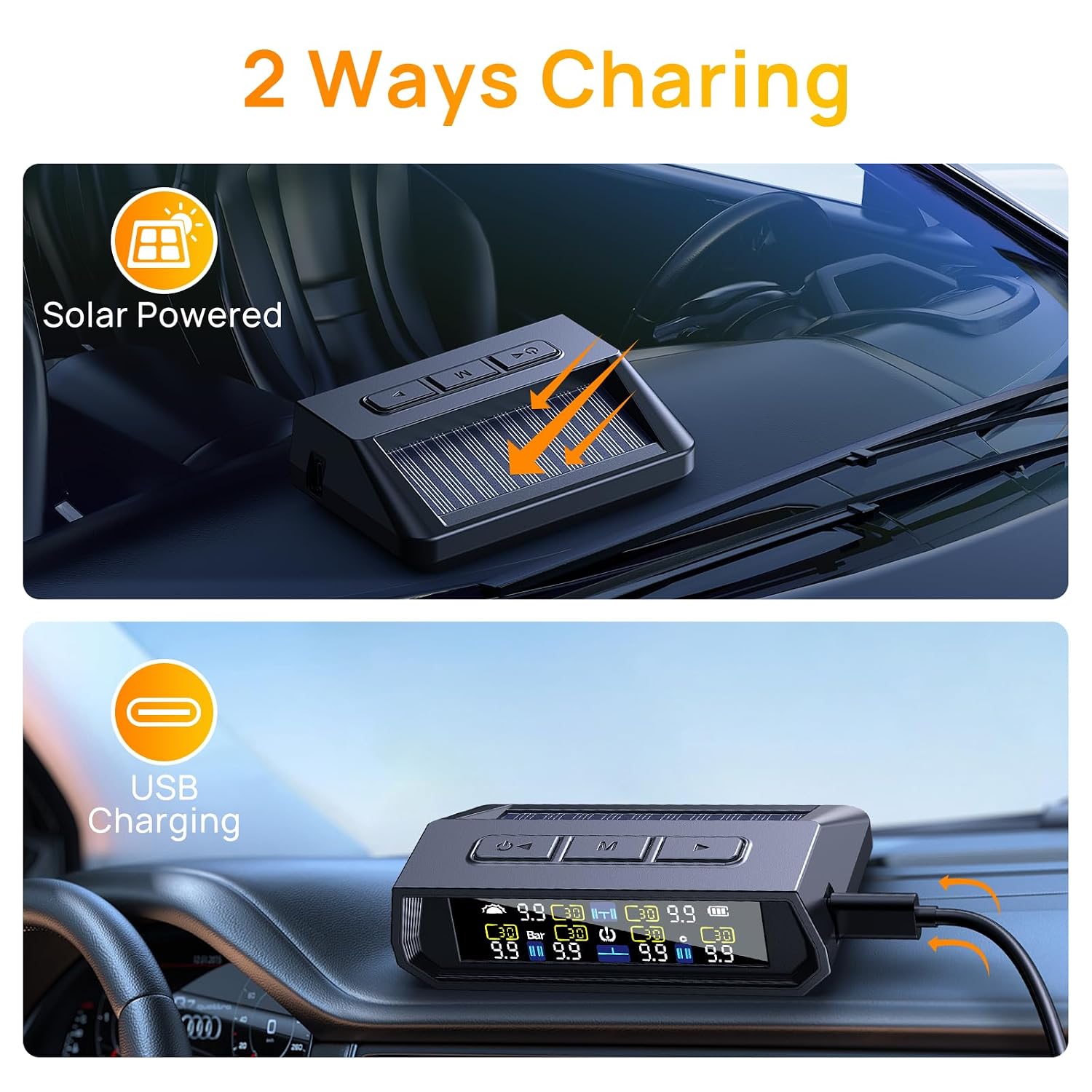 RV Tire Pressure Monitoring System,0-9.9 BAR,144 PSI Tire Pressure Monitor System with Solar Charge, TPMS with 6 Sensors&6 Alarm Modes (6 Sensor-Black)