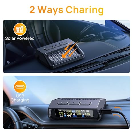RV Tire Pressure Monitoring System,0-9.9 BAR,144 PSI Tire Pressure Monitor System with Solar Charge, TPMS with 6 Sensors&6 Alarm Modes (6 Sensor-Black)
