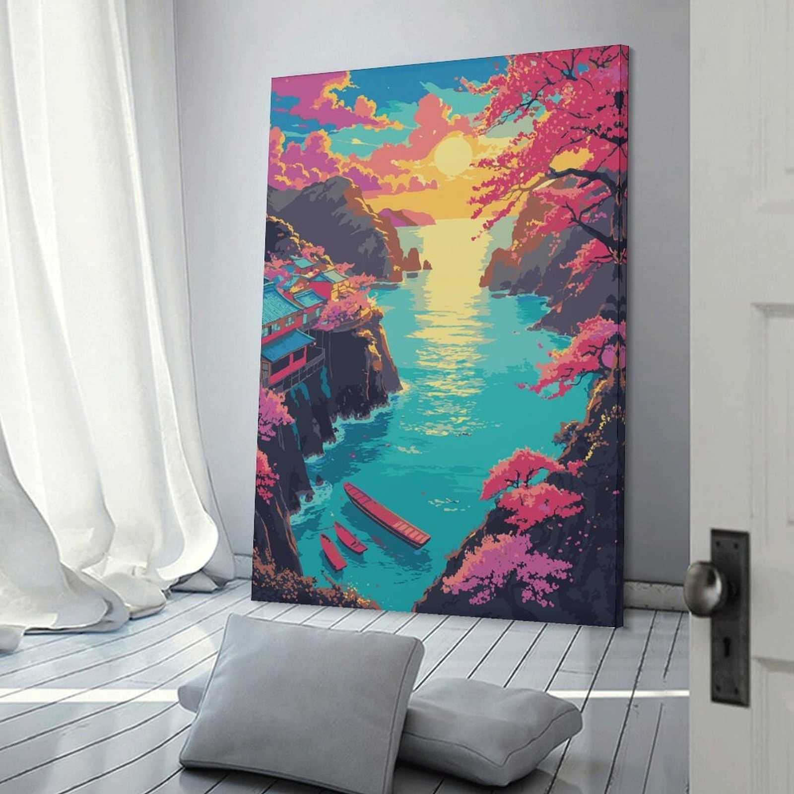 Junmoney Japanese Coastal Village with Cherry Blossoms Wall Art Print, 20x30inch(50x75cm), for Bedroom Decor, Cosy Corners Or Studios, Decorative Wall Art for Cosy Rooms