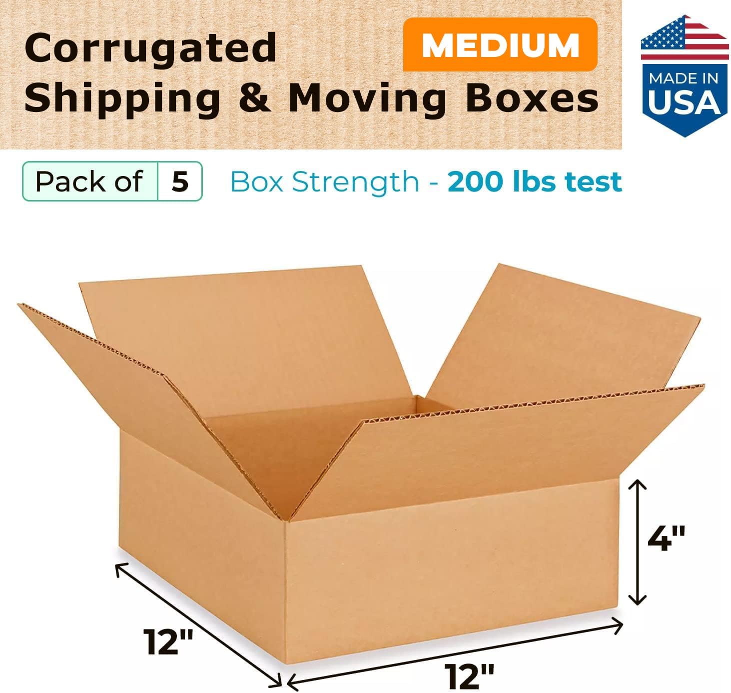 medium moving & shipping boxes 12 x 12 x 4 inches (5-pack) - extra strength 200 lb vs regular - corrugated durable packaging boxes - medium moving box - cardboard packing box by idl packaging 12 x 12 x 4" (medium boxes) pack of 5