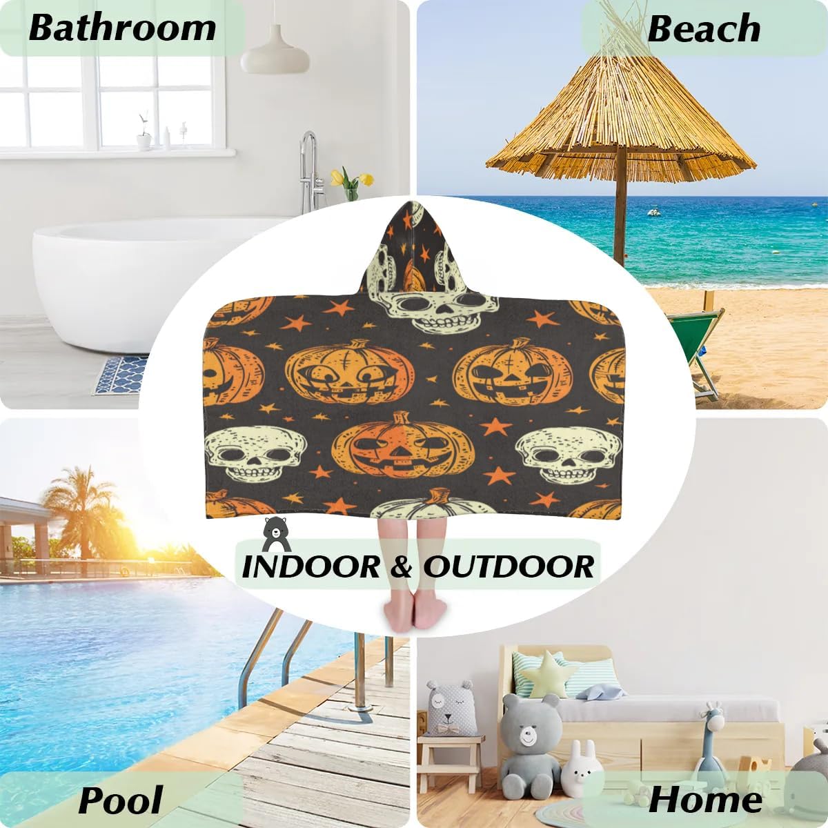 Kids Bath Towel Skull Pumpkins Beach Towel with Hood Pool Cover Up for Girls Boys Soft Absorbent Hooded Bath Towel Toddler Towels for Beach, Pool