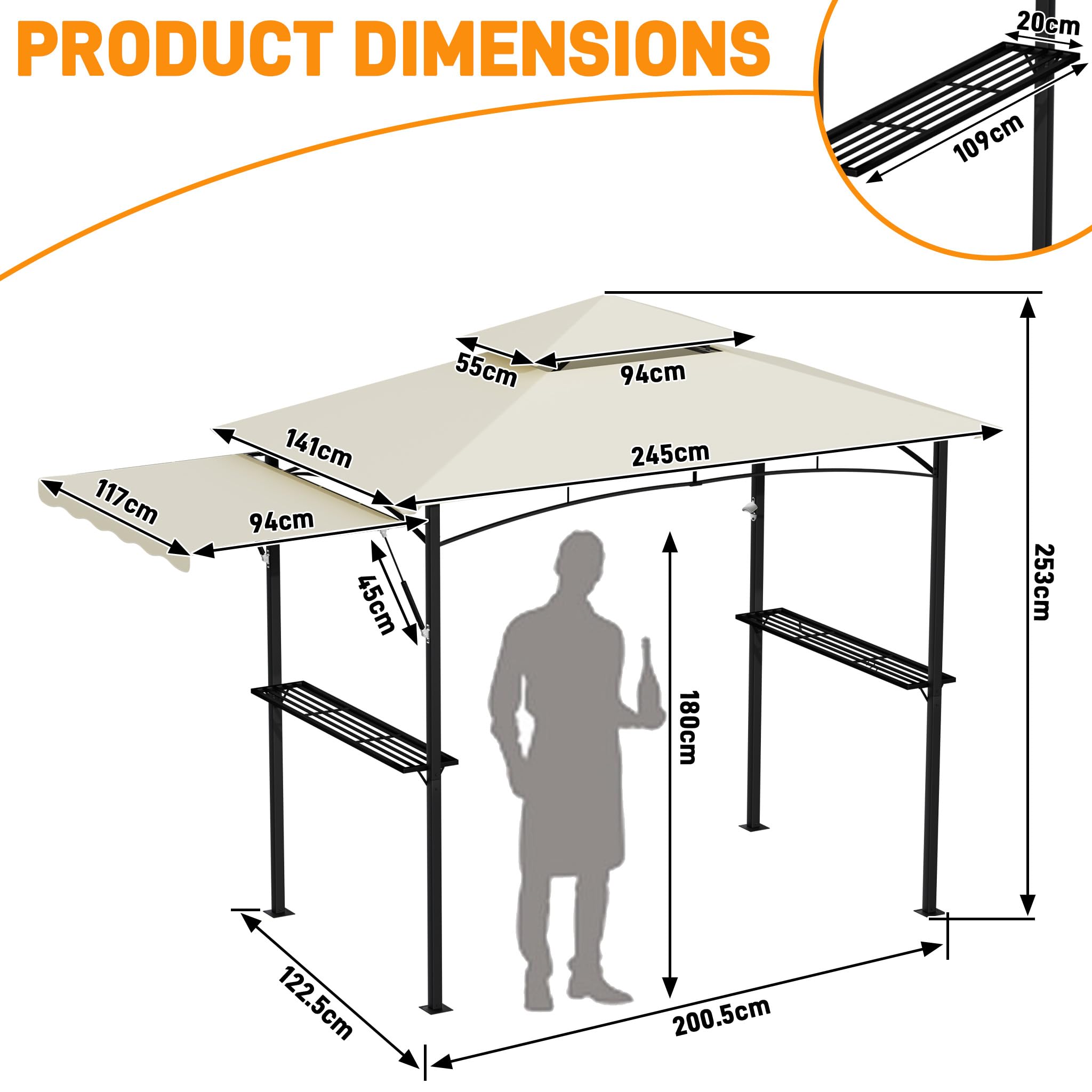 UISEBRT Tonnelle pour barbecue avec store latéral extensible, abri de barbecue avec 2 étagères, crochets et décapsuleur, double toit résistant aux intempéries pour ventilation et évacuation de la