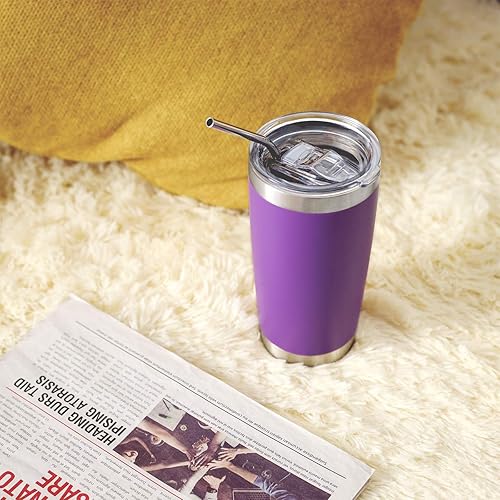 Miniatura 6 de COMOOO Vaso de 20 onzas con popote de acero inoxidable aislado para café, taza de café de viaje de doble pared con tapa deslizante a prueba de
