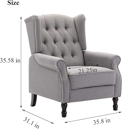 Miniatura 9 de Artechworks Silla decorativa moderna de tela alada, silla de club con brazos copetudos, sofá individual de lino con patas de madera, cómoda tapizada