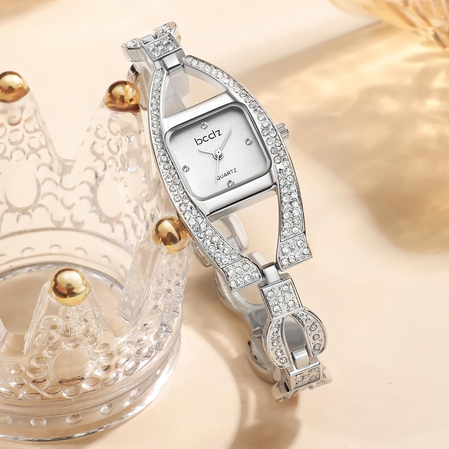 JewelryWe Luxury Square Bracelet Watch: Full Bling Cubic Zirconia Decorated Gold Watches Rectangular Dial Stainless Steel Removable Strap Analog Quartz Wristwatch for Women for Valentine's Day - Image 3