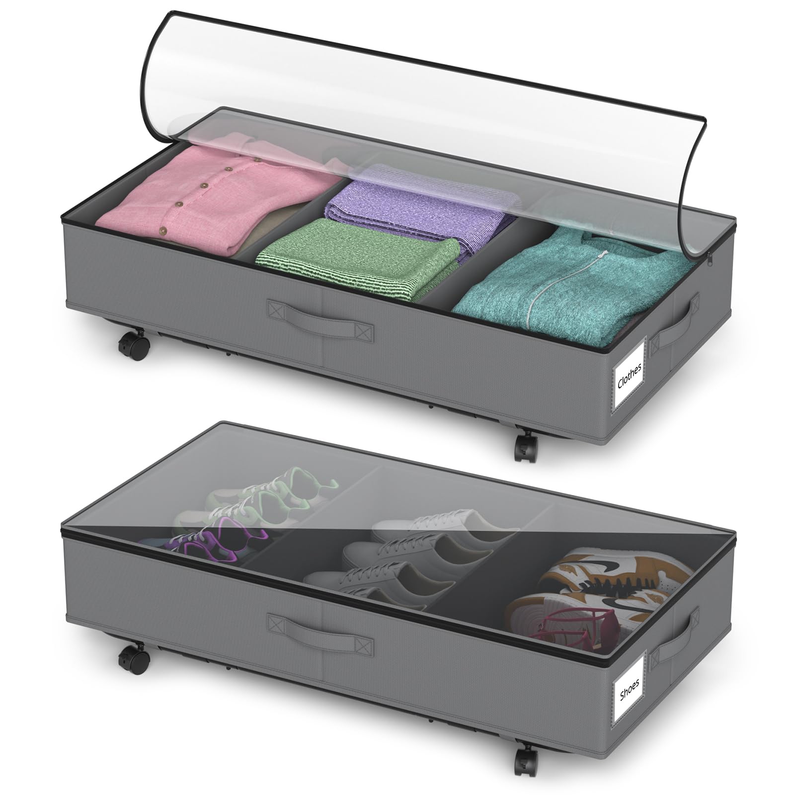 Under Bed Storage with Wheels - 2Pack Under Bed Storage Containers with Clear Lid and Handles, The Underbed Storage Bins Perfect for Under Bed Shoe Storage, Great Under Bed Drawers