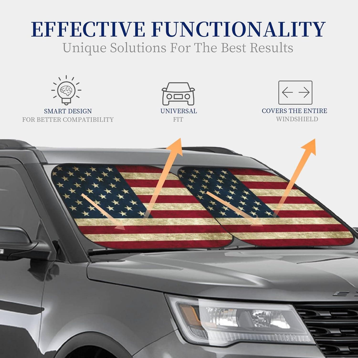 Retro American Flag Windshield Sunshade for Car Truck & SUV 2-Piece Folding Car Sun Shade for Front Window Auto Sun Visor Heat Protection Car Blocks Uv Rays and Keeps Vehicle Cool L