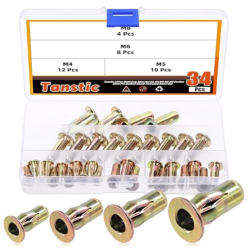 Tanstic Kit de 34 tuercas remachadoras de agarre múltiple con estuche de almacenamiento, M4 M5 M6 M8 tuerca remachadora de acero al carbono chapada