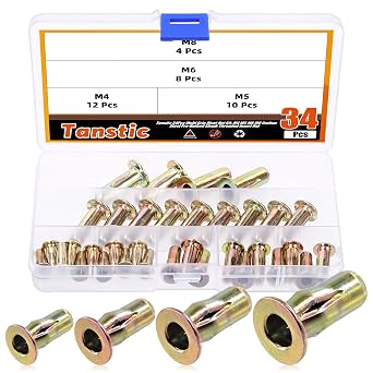 Tanstic 34Pcs Multi-Grip Rivet Nut Kit with Storage Case, M4 M5 M6 M8 Zinc Plated Carbon Steel Rivet Nut Heavy Duty Nutsert Pre Bulbed Threaded Inserts Flat Head Insert Nut