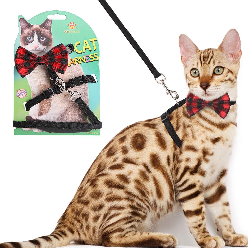 Cat Harness Christmas Adjustable with Removable Bowtie-for Kitty & Rabbit, Harness and Leash Set, Black