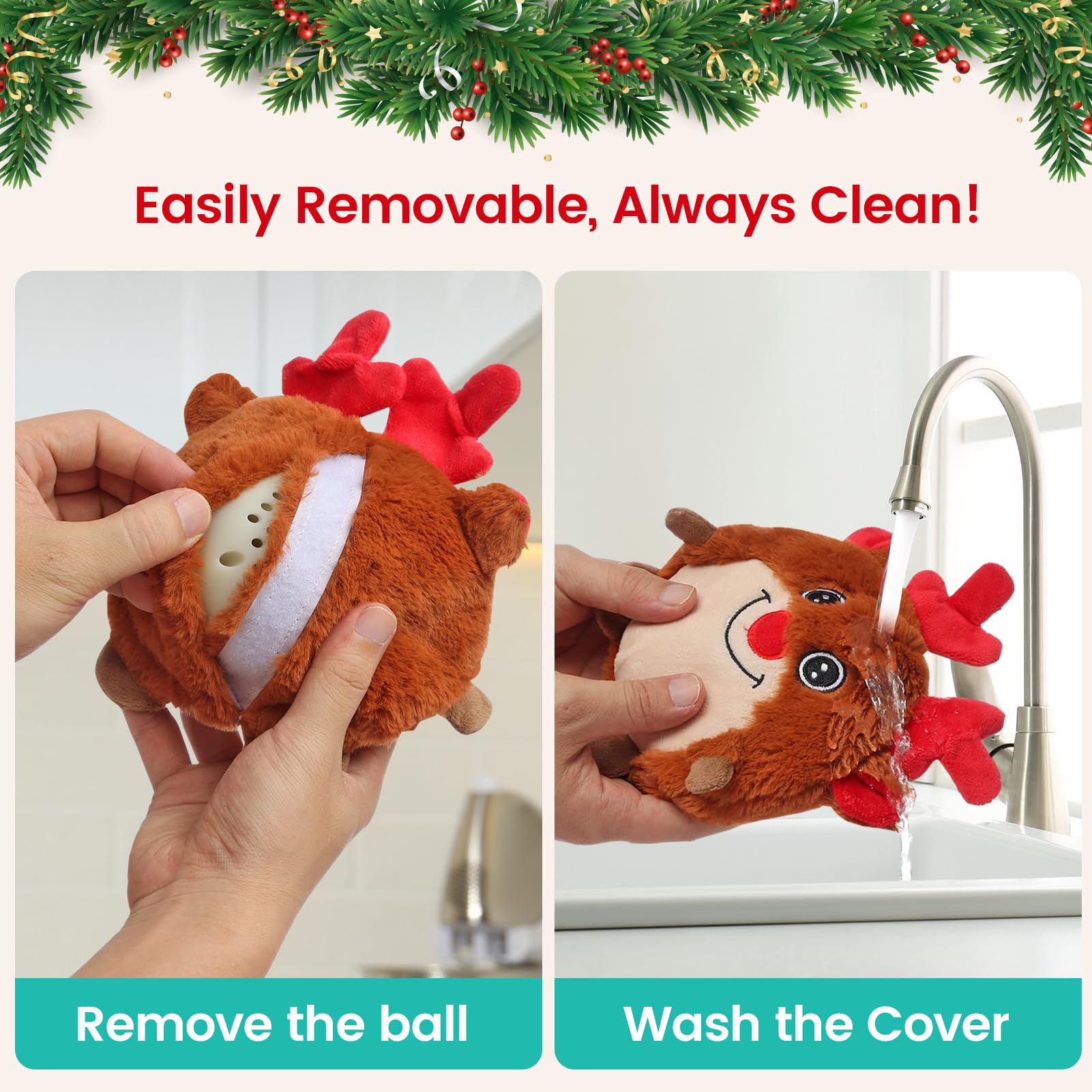 Senneny Jouets de Noël pour chien, jouets interactifs pour chien, renne, chemin aléatoire, jouet électrique à mouvement automatique et roulant, balle pour chien activée par le mouvement, avec housse
