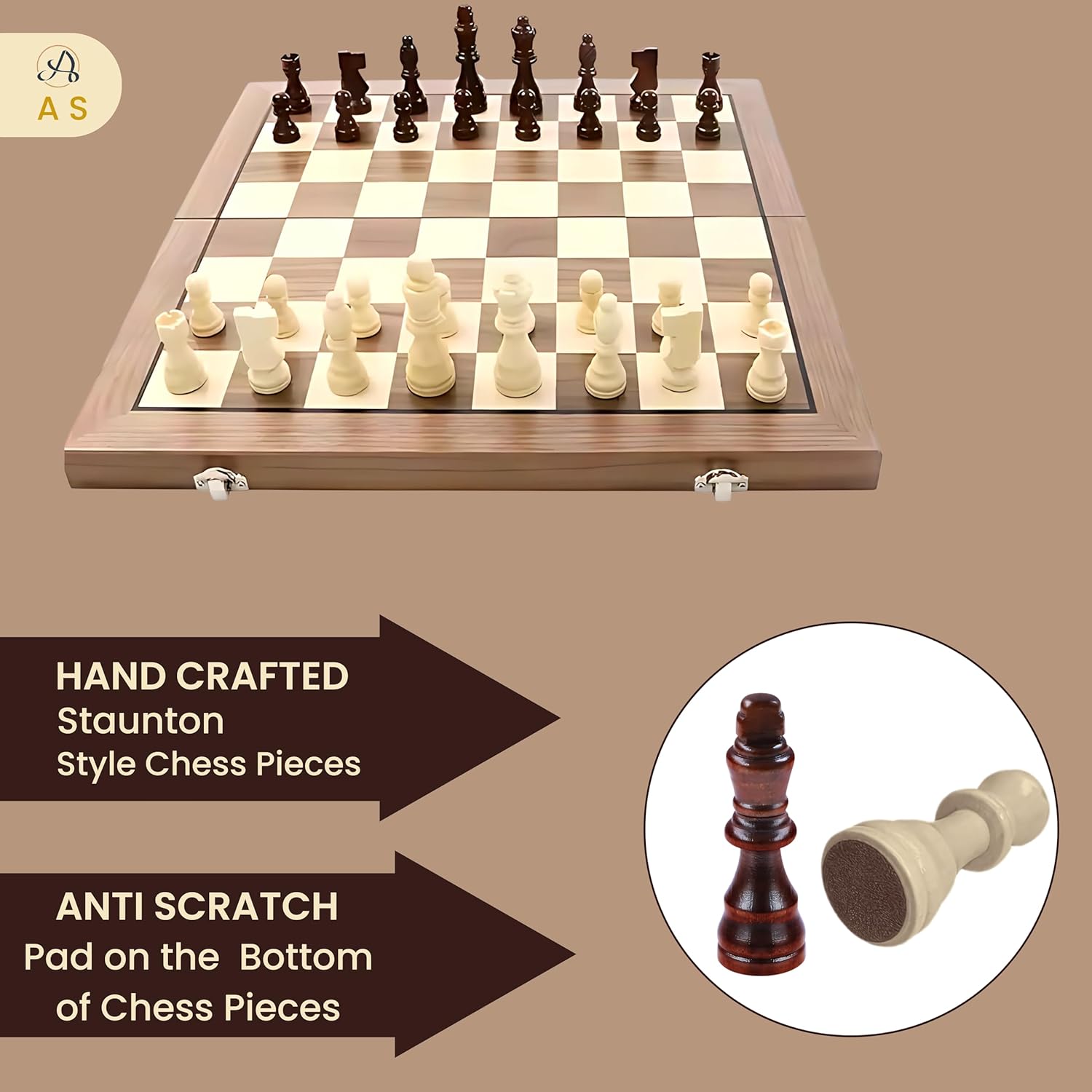AS Chess Board for Adult | Wooden Walnut Chess & Checkers Set - Chess Board Game | Foldable -15 Inch - 2 Extra Queens | Magnetic Chess Game with Storage Slot | Travel Unique Portable (Walnut 15 inch)