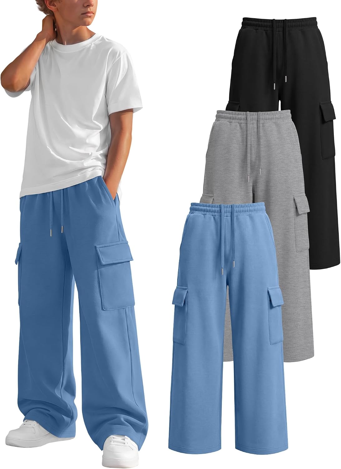 3 Pack Boys' Cargo Sweatpants Wide Leg Baggy Casual Pants Elastic Waist Open Bottom Workout Joggers with Pockets