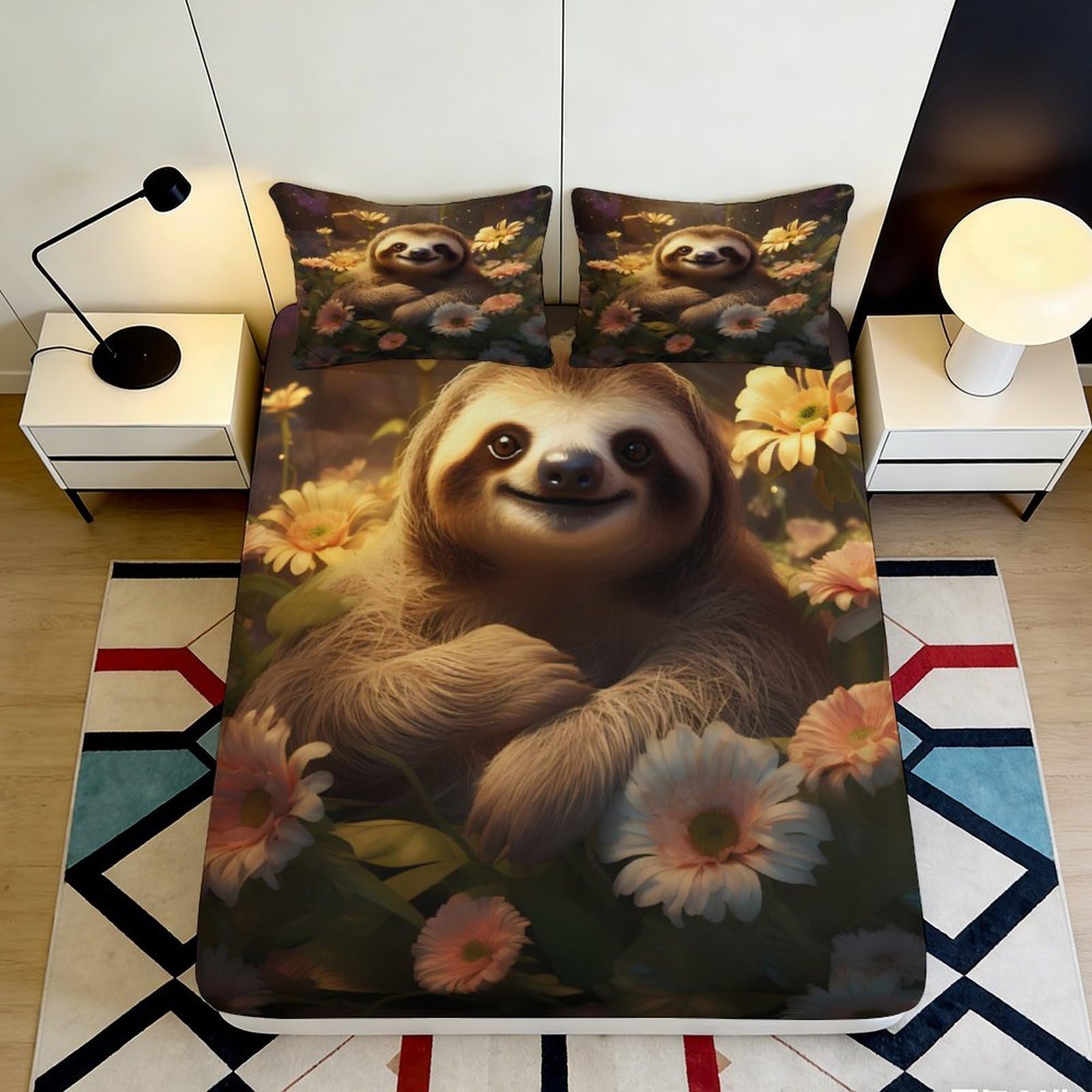 3D Printed Sloth Floral Fitted Sheet Microfiber Soft Anti-Slip Mattress Cover for Bedroom Dorm Decoration 120x200cm 160x200x25cm