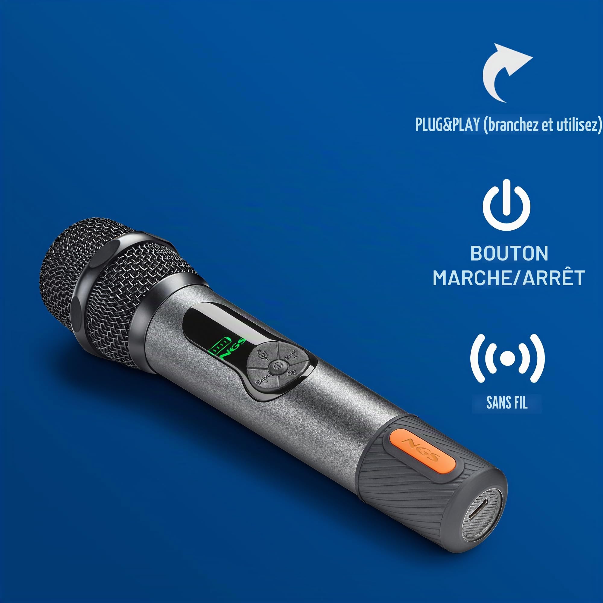 NGS Singer Star - Micro sans Fil Dynamique 2,4 GHz, autonomie, contrôle du Volume et de l’écho 30 h, indicateur de Batterie, Prises Jack 3,5 mm et 6,3 mm, karaoké et événements idéaux