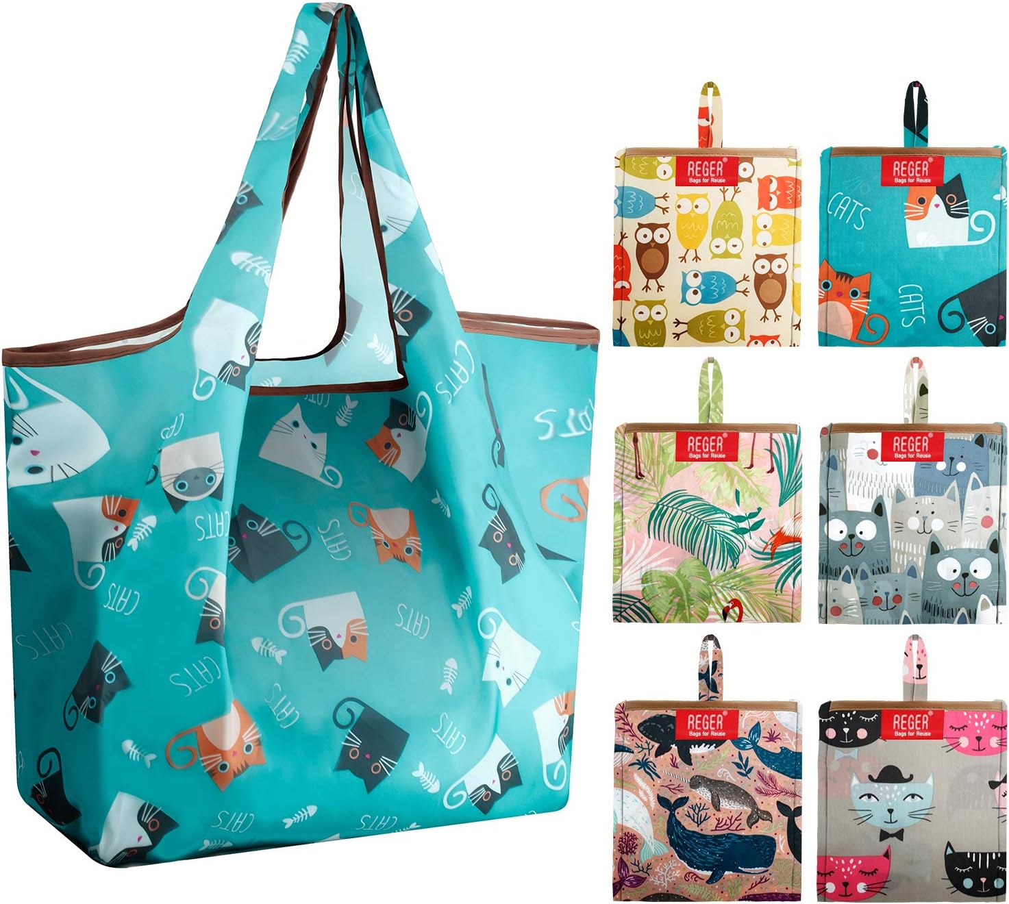 Reusable-Grocery-Bags-Shopping-Foldable Bags Tote Bag Large 50LBS Reusable Bag Groceries Totes With Square Pouch Bulk 6 Pack Eco-Friendly Ripstop Fabric Washable Light Weight Dog Cat Flamingo Owls