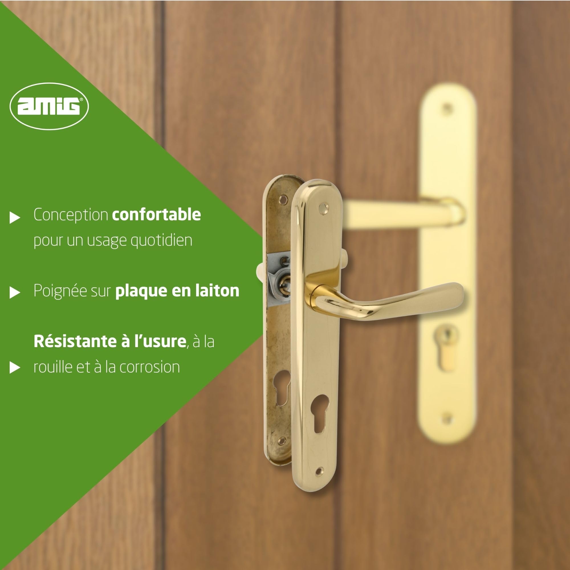 Amig - Jeu de poignées de porte en laiton - Modèle 252PB85-250X40 LAITON POLI - Dimensions : 250 X 40 mm - Carré de 8 mm - Résistant à la corrosion - Visserie incluse - Finition : POLI