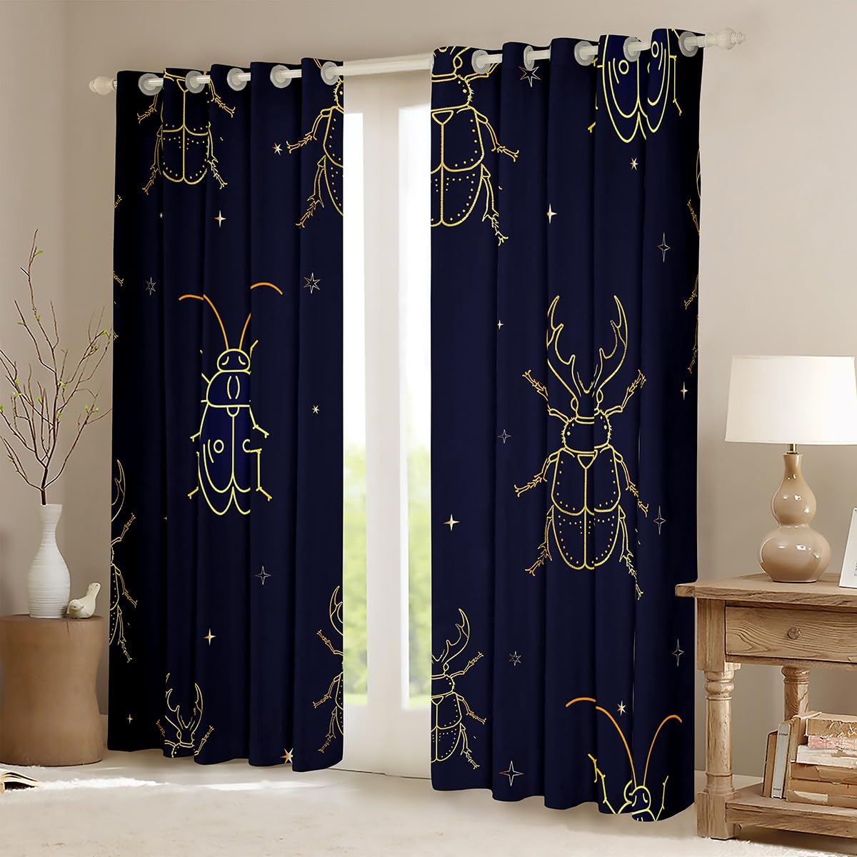 Boho Beetle Window Curtains,Stars and Moon Curtain,Galaxy Gradient Window Drapes for Kid Teens Boys Young Man,Modern Bedroom Decorative,Beetle Printed Curtain,52Wx63L