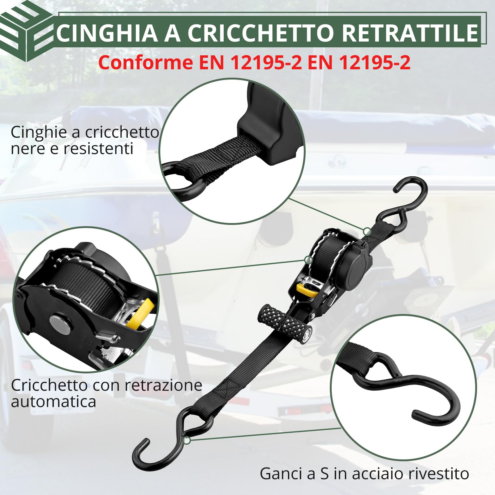 EYPINS 4 Pezzi Cinghie a Cricchetto Retrattili Automatiche con Ganci a S e Maniglie,340kg/680kg,Lunghezza 3,3m,Larghezza 25mm,Cinghie di Fissaggio Conforme EN-12195-2,Nero,per Moto,Rimorchi
