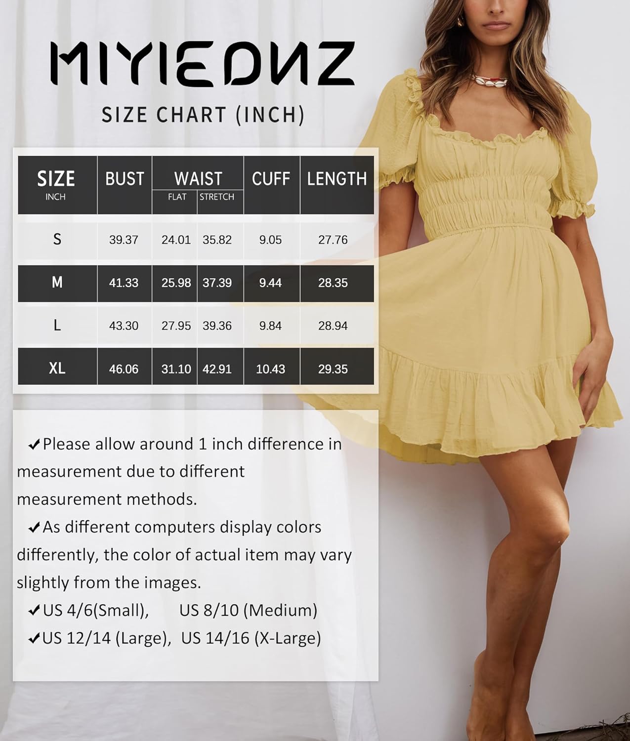 Women's Square Neck Puff Sleeve Mini Dresses Ruffle Elastic Waist A-Line Elegant Summer Casual Flowy Mini Dress - Image 6