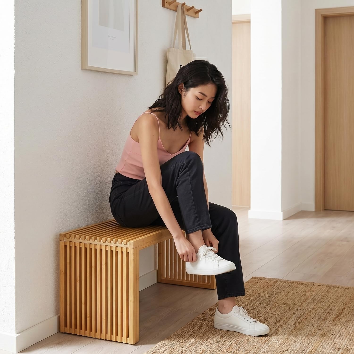 Adabor Sitzbank aus Bambus Holz – Hochwertige Holzbank für Flur, Wohnzimmer, Esszimmer und Küche, stabile & Pflegeleichte Schuhbank | extrem belastbar, höhenverstellbar & rutschfest