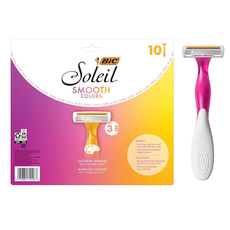 BIC Soleil 3 Colors Aparelhos de Barbear Descartáveis Femininos com 3 Lâminas, Pacote com 10