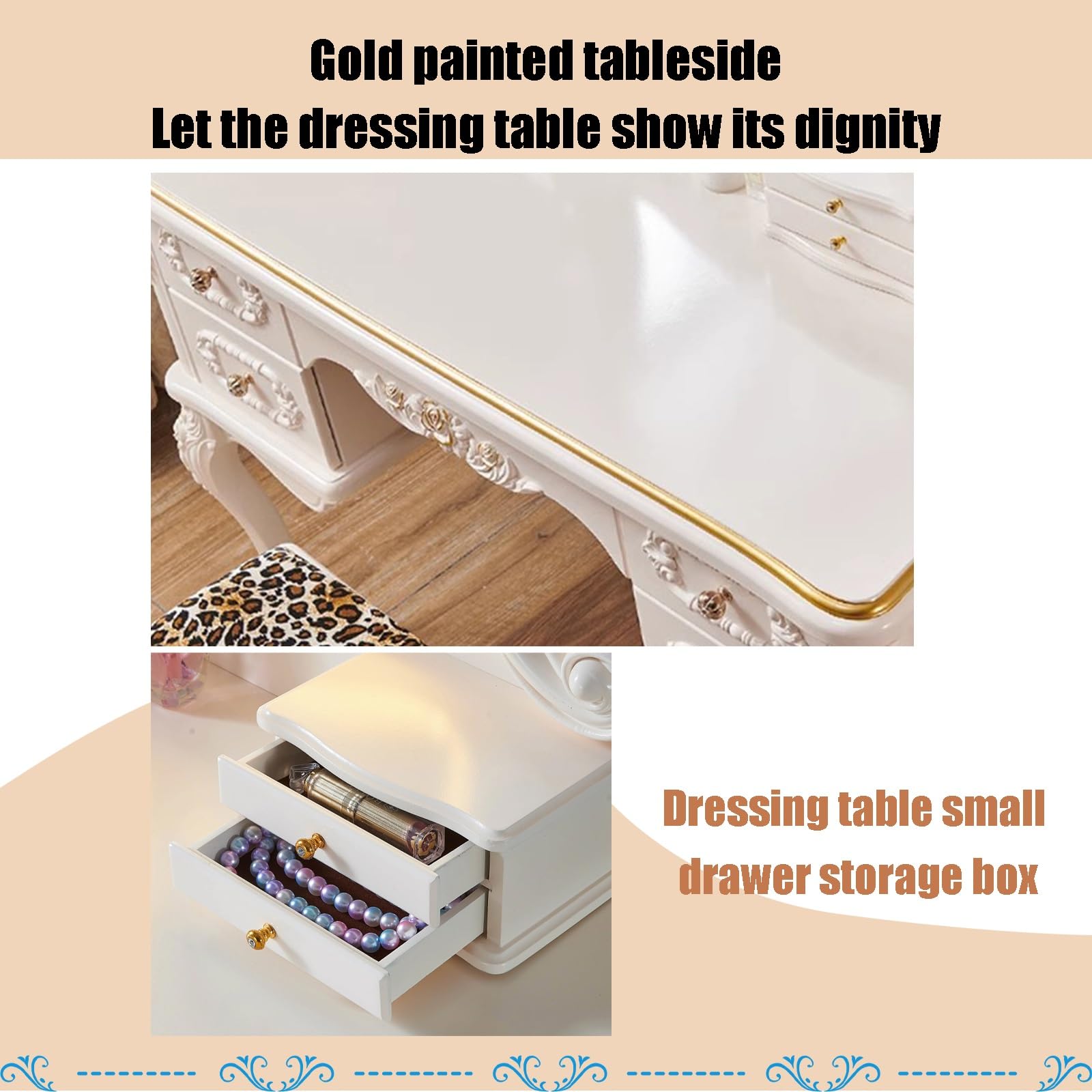 Juego De Tocador Europeo, Tocador para Habitación De Niñas con 5 Cajones, Taburete, Espejo con Luz HD Y Bolsa De Maquillaje(B)