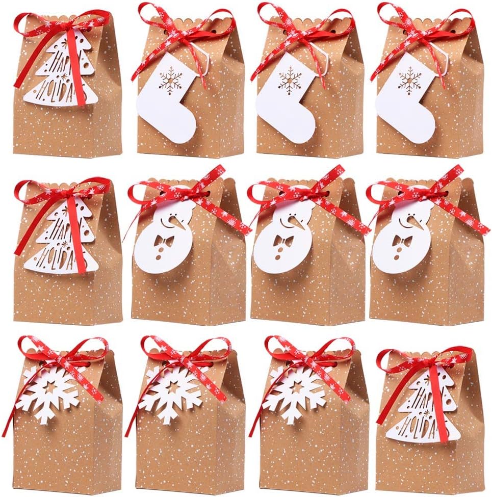 AerWo 12pcs Christmas Kraft Gift Bags, Holiday Paper Gift Bags Kraft Paper Treat Bags with Tags for Christmas Party Supplies, 5 x 3 x 7 Inch Mini Xmas Goodies Bags