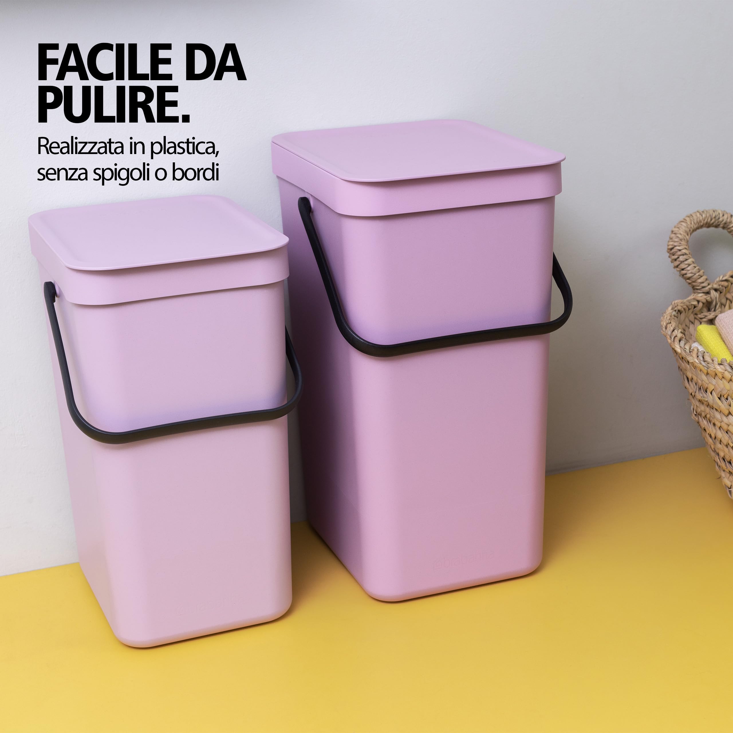 Brabantia Sort & Go Pattumiera 16L (Lilac Pink), Pattumiera cucina in plastica con maniglia, Secchio spazzatura salvaspazio con coperchio stay open rimovibile, Cestino umido facile da pulire