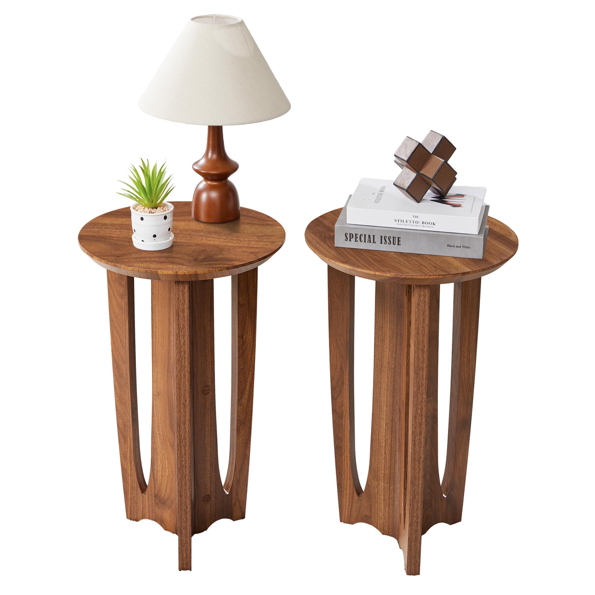 Bifins Side Table Set of 2,Mid Century Modern Narrow Round End Table with Curved Legs, Small Side Tables for Living Room, Bedroom (Walnut)