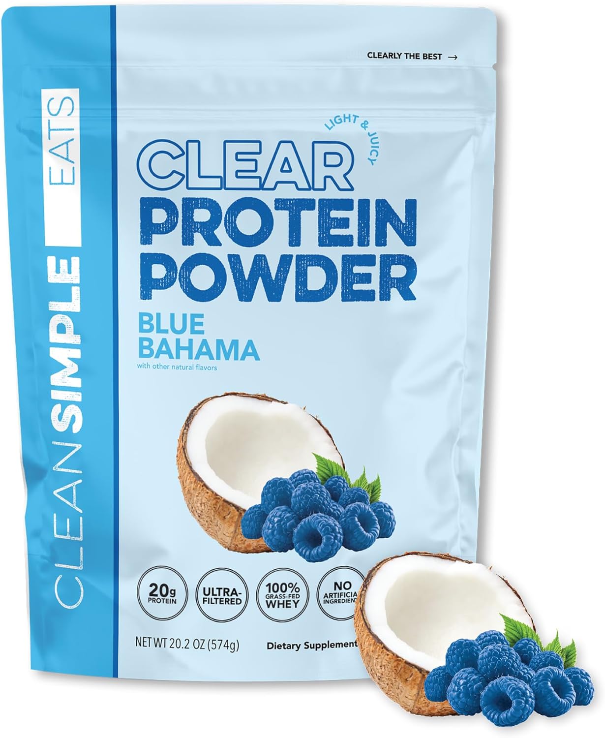 Clean Simple Eats Clear Protein Drinks, 20G Grass Fed Whey Protein Isolate, Ultra Filtered, Light & Refreshing Beverage, Low Lactose, No Artificial Ingredients, Blue Bahama Flavor, 20 Servings