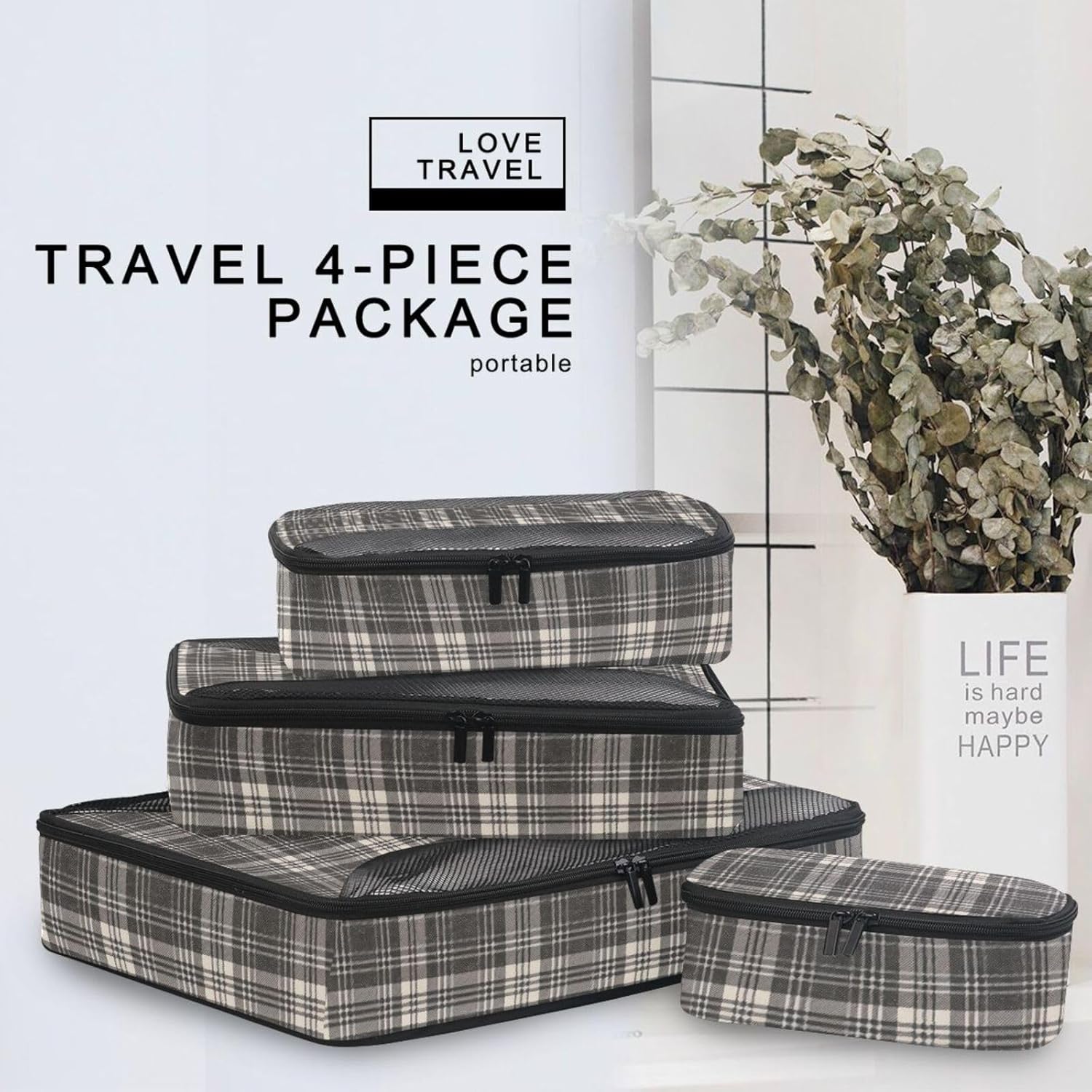 Gray-brown Check 4 Pcs set luggage organizer bags Mesh Travel Essentials lightweight packing bags