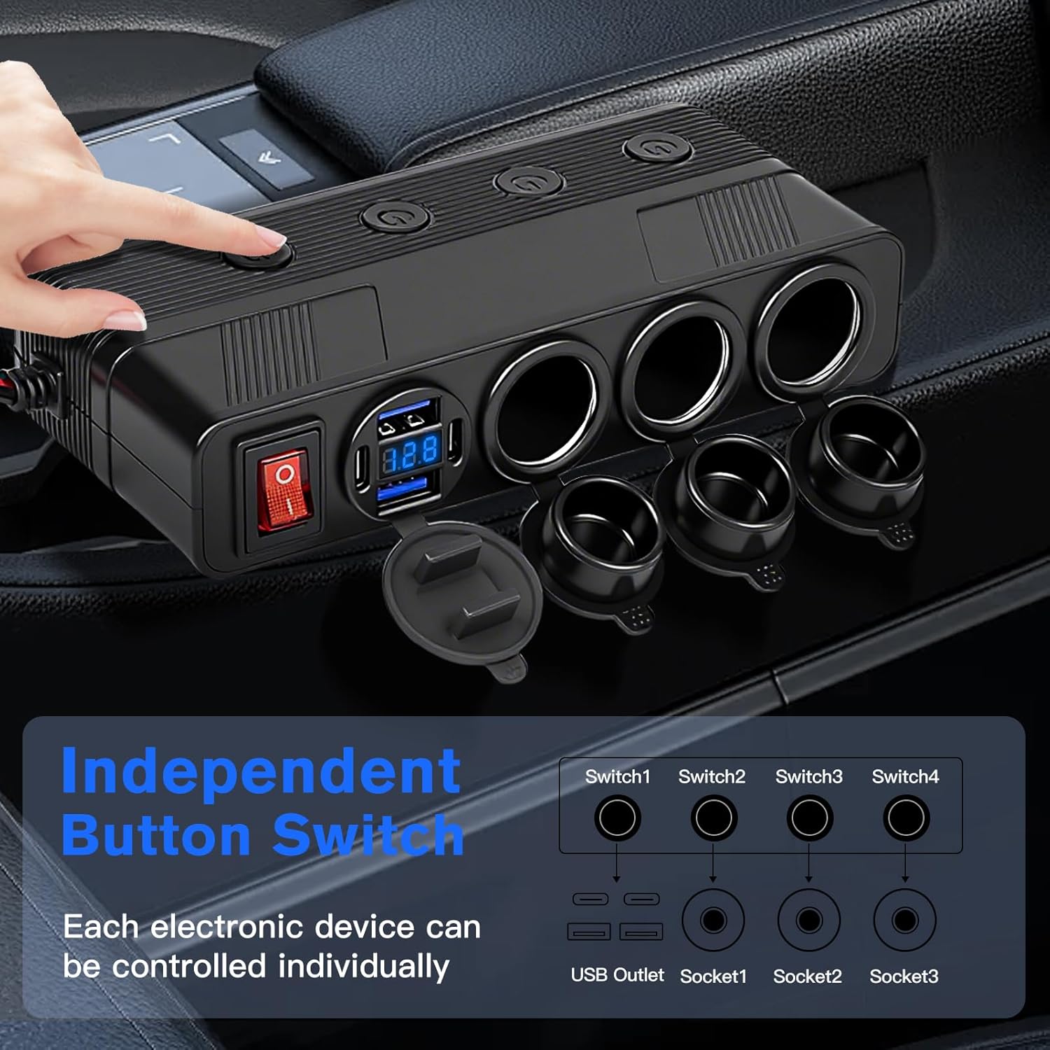 7 in 1 Cigarette Lighter Socket Splitter, 3 Socket Car Charger Adapter with 4 Ports PD66W/QC18W USB Outlet | Independent Switches | Digital Voltmeter, 12V/24V Power Outlet for All Car Devices