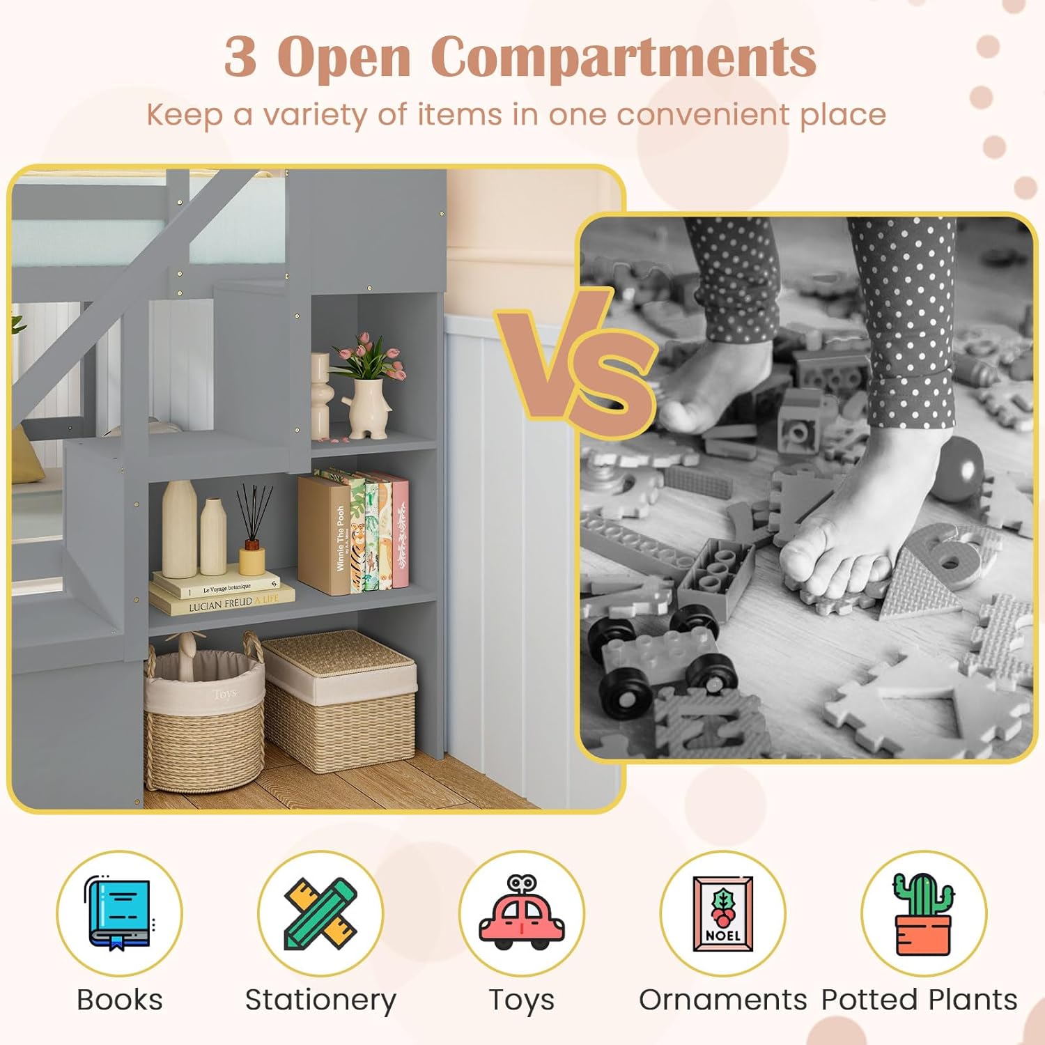 Giantex Full Over Full Bunk Bed with Stairs, Solid Wood Floor Bunk Bed with Storage Staircase & Full-Length Guardrails, Low Bunk Bed with for Kids, Teens, Adults, Dorm, Small Space, Grey