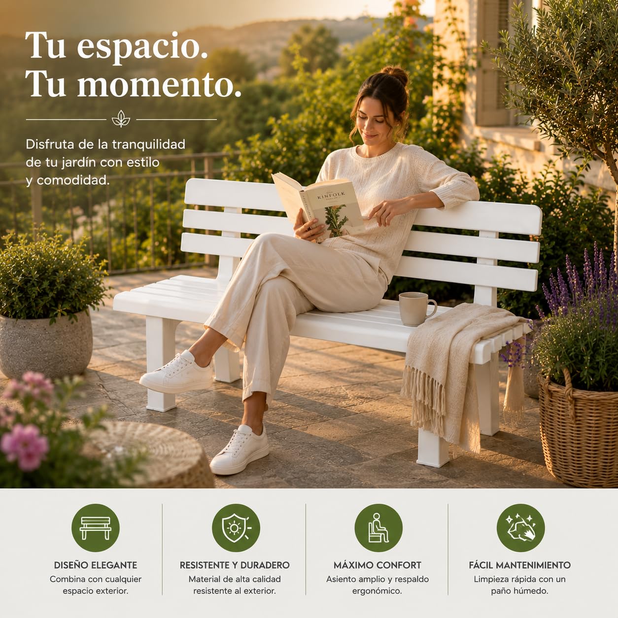 Banco de Jardín Exterior 2 Plazas 110x52x71 cm Plástico PP Resistente Blanco 130 kg