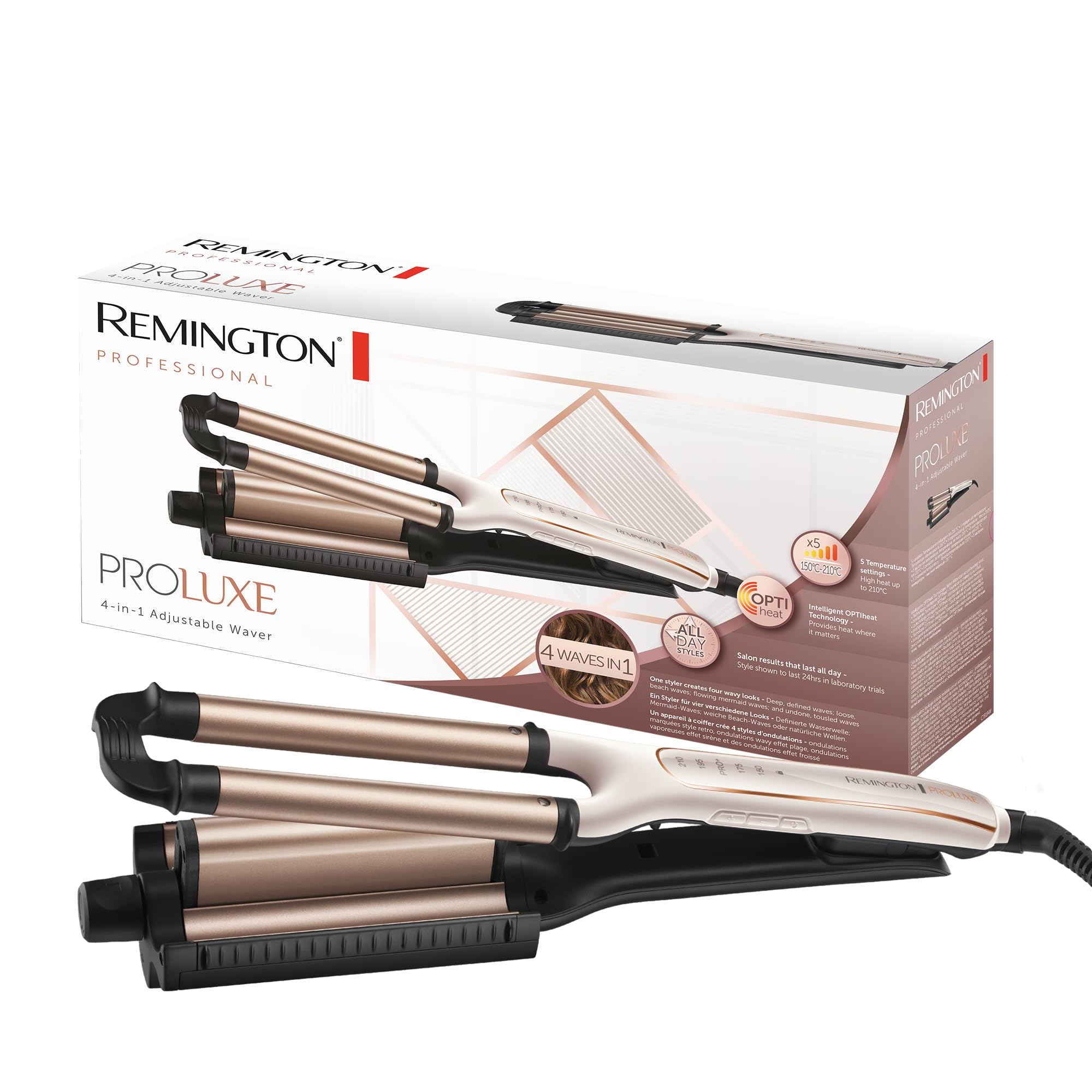 Remington Rizador Pelo Ondas [4 en 1: 4 tipos de ondas] PROluxe (Tecnología OPTIHeat, peinados duraderos, cerámica, 5 temperaturas hasta 210°C, ajuste Pro+, digital, calentamiento 30s) CI91AW