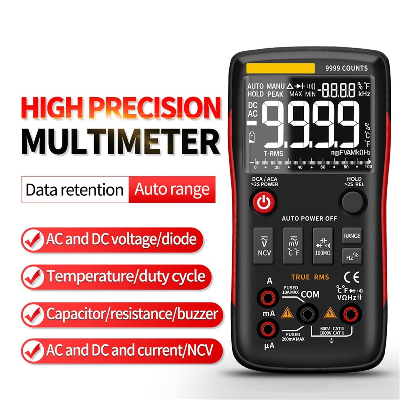Cyfrowy Multimetr 9999 Analogowy Tester True Profesjonalny Multimetro DIY Tranzystor Kondensator NCV Testery Miernik Lcr Szybko Dokładnie Łatwy Odczyt(Q1 Red Pro)