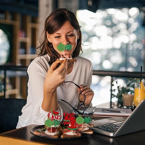 Miniatura 5 de Rsstarxi Paquete de 24 adornos de sandía con purpurina para cupcakes uno en un melón, decoraciones para primer cumpleaños, baby shower, fiesta de