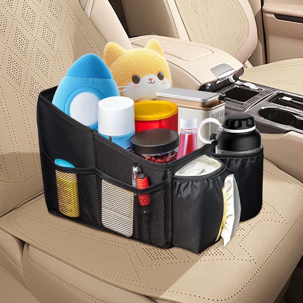 Car Seat Organizer, Front & Back Seat Organizer with 4 Mesh Pockets & 2 Tissue Holders, Large Capacity Foldable Passenger Seat Storage Box, Road Trip Essentials for Kids, Adults (Black)