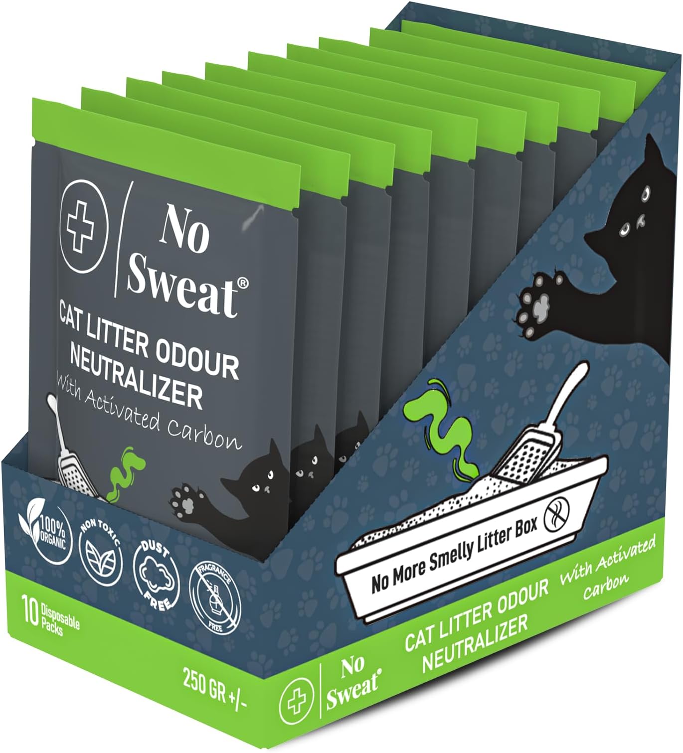 No Sweat Activated Carbon Cat Litter Odour Neutralizer-Made Of Coconut Shell-All Natural-No Chemical,Toxic Ingredients-Unscented-Planet Friendly-Disposable 10 Packs in One Box 250 GR- Packing May Vary