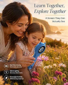 Outdoor Exploration Microscope for Kids, 500X Portable Digital Microscope with 2 IPS Screen, Summer Camping Travel STEM Toy Age 5-12 (Blue)