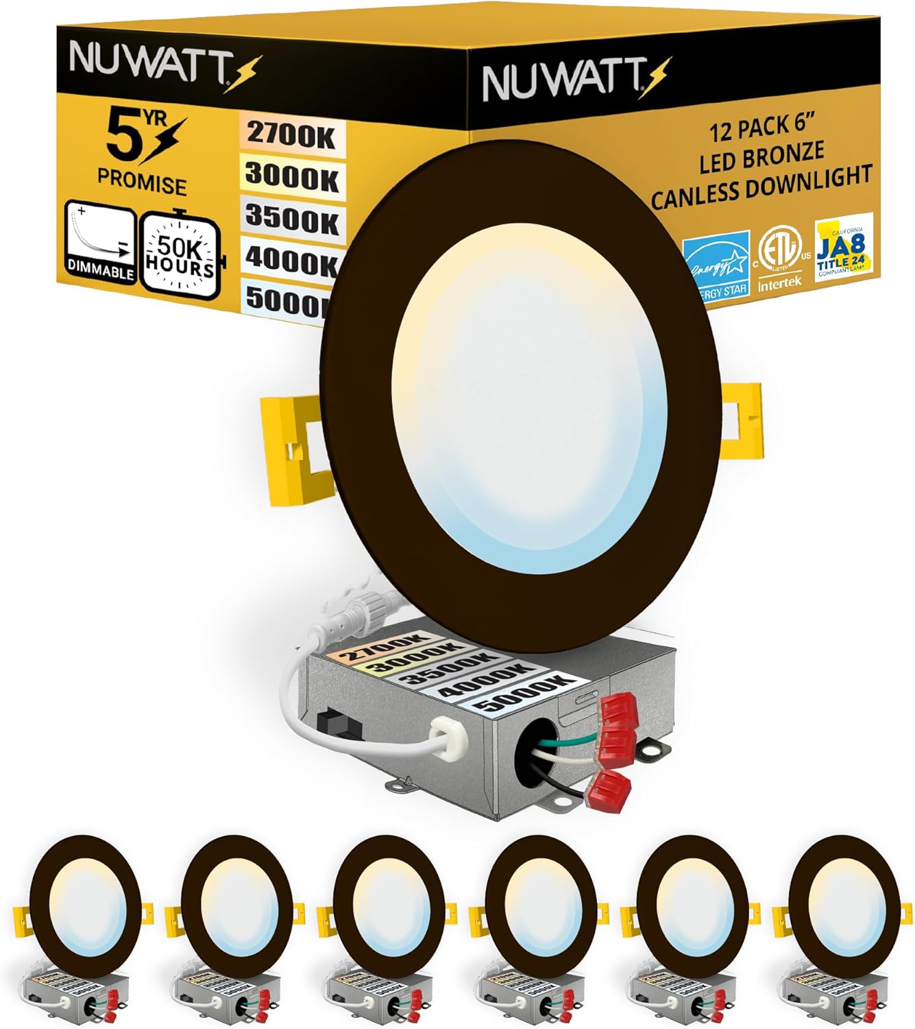NUWATT 6 Pack, 6 Inch Ultra-Thin Bronze LED Recessed Lighting, 5CCT 2700K/3000K/3500K/4000K/5000K Selectable, 1050LM, 15W, IC Rated, Damp Rated, Dimmable Canless Slim Wafer Light with Metal J-Box, ETL