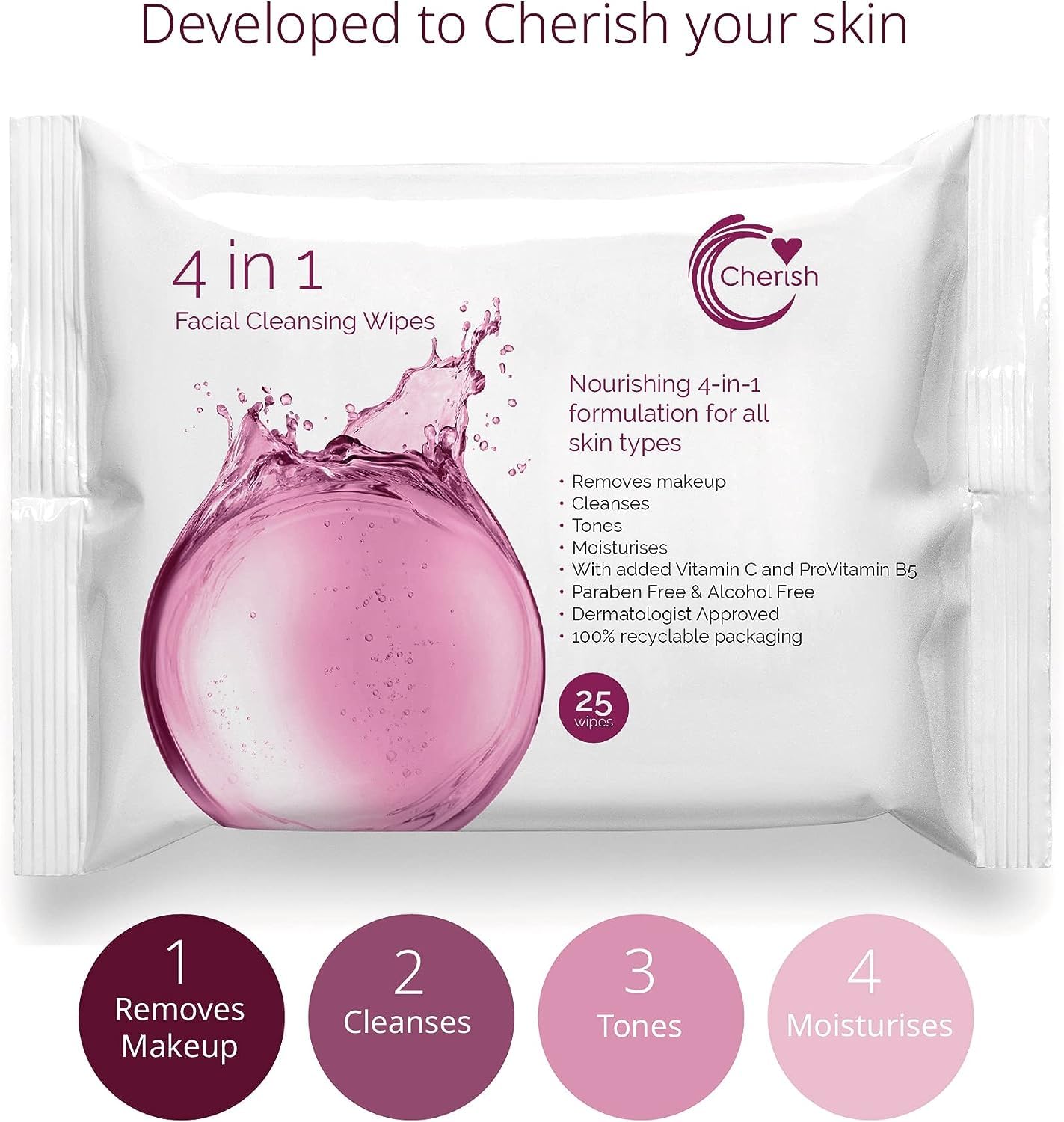 Cherish 4 in 1 Facial Cleansing Wipes, Make Up Removal with Vitamin C for Brighter Skin (12 packs x 25 wipes totaling 300 wipes) - Image 2
